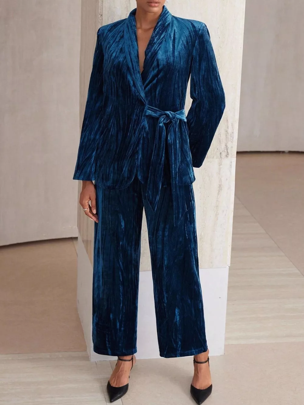 Velvet Tie Waist Blazer and Pants Set, image 9