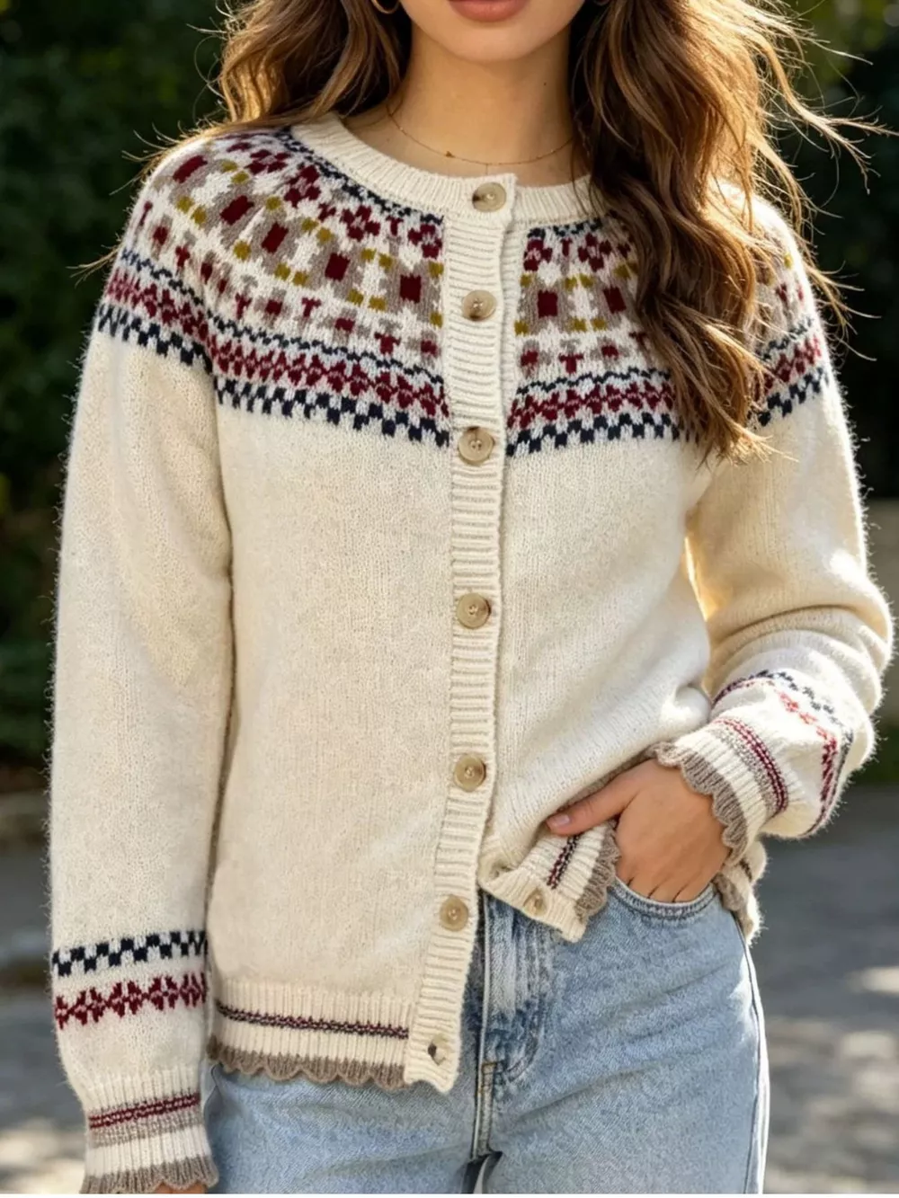Fair Isle Patterned Button-Down Knit Cardigan, image 4