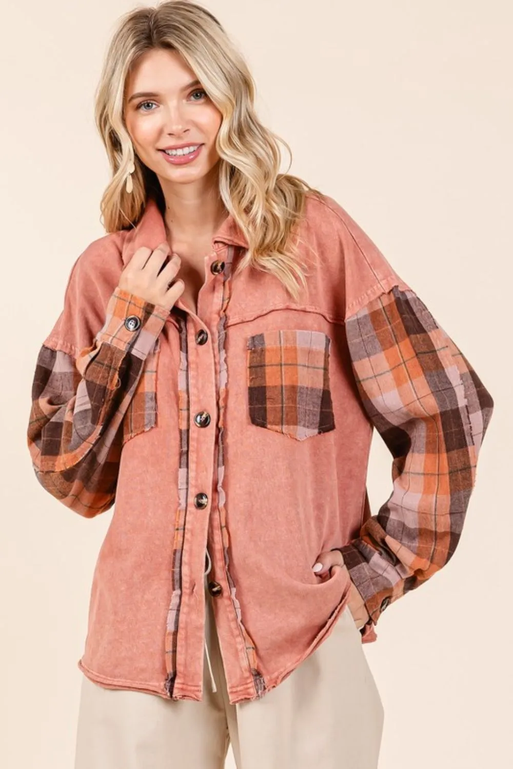 Button Down Contrast Plaid Patchwork Shacket, image 4