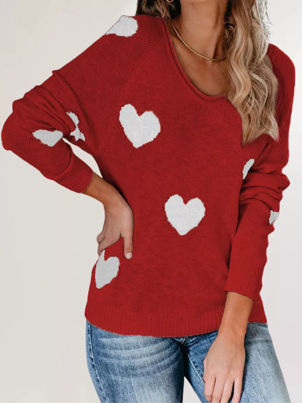 Heart Pattern Raglan Sleeve Sweater, image 6