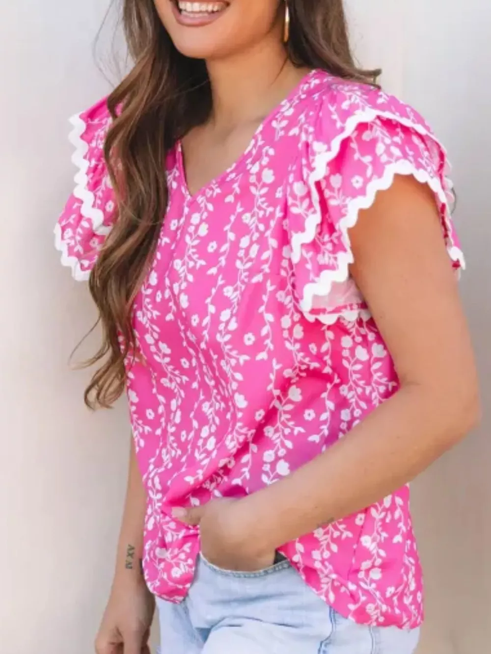 Floral Print Ruffle Sleeve Blouse, image 4