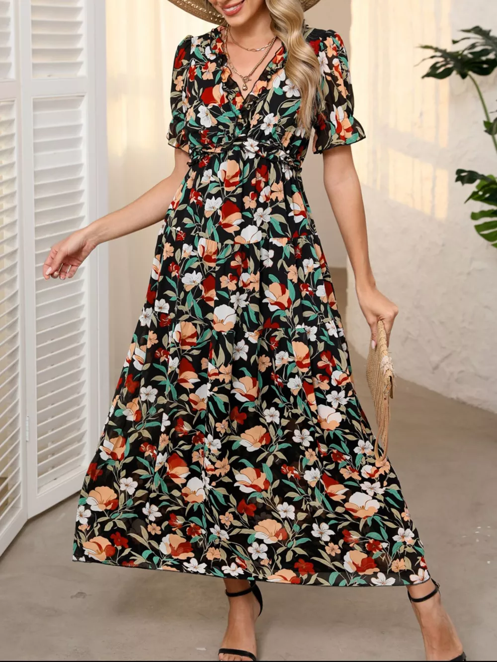 Floral Print Frilled V Neck Short Sleeve Maxi Dress, image 2