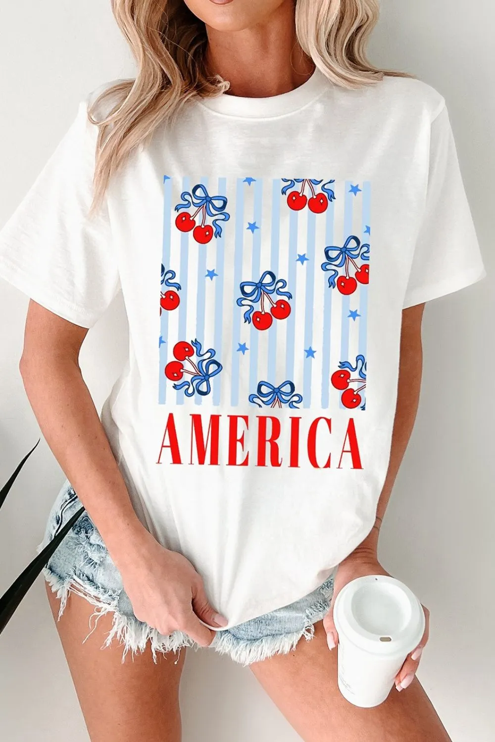 Bow Cherry AMERICA Graphic Crewneck Patriotic T Shirt, image 4