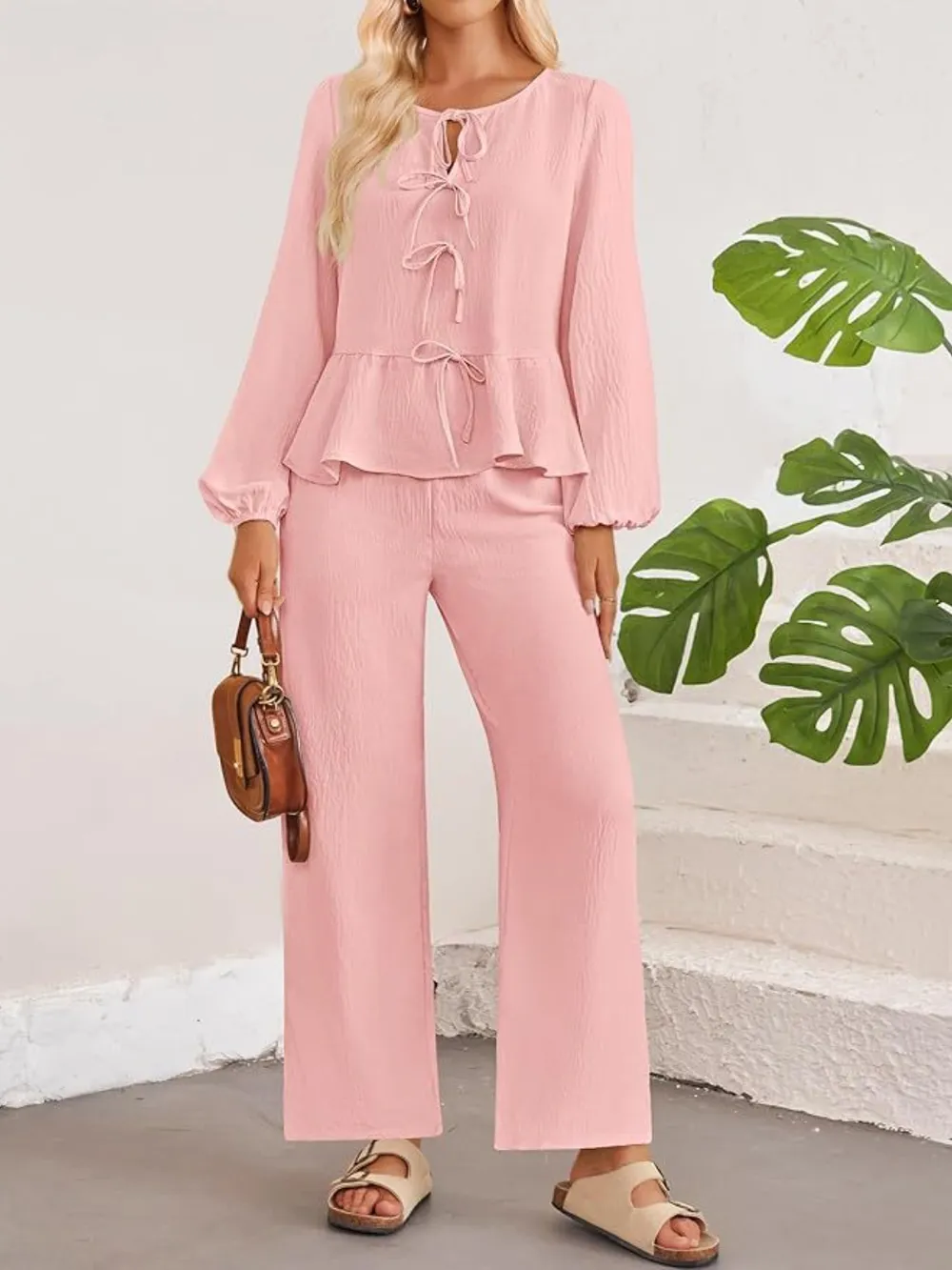 Tie Neck Balloon Sleeve Top and Pants Set, image 8