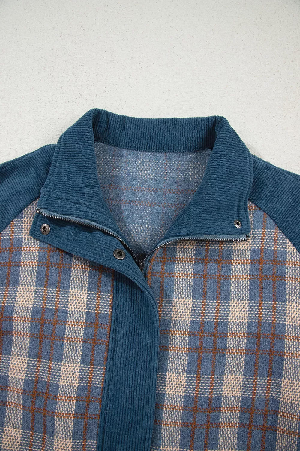 Plaid Corduroy Patchwork Collared Zip Up Snap Button Jacket, image 11