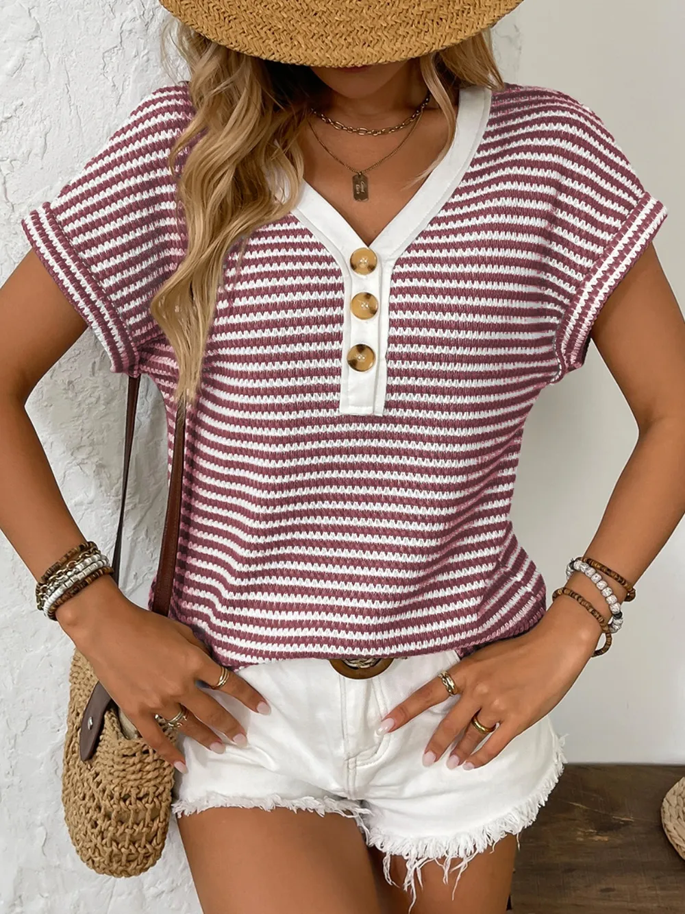 Striped V-Neck Short Sleeve T-Shirt, image 11