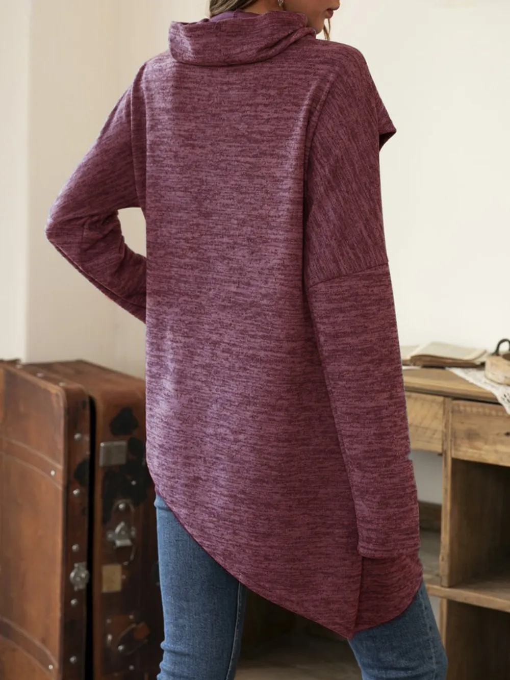 Asymmetrical Hem Cowl Neck Long Sleeve T-Shirt, image 12