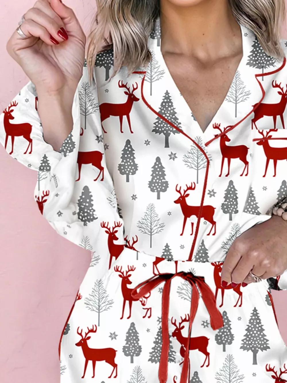 Christmas Fashion Print Velvet Trim Top and Shorts Pajama 2pcs Set, image 2
