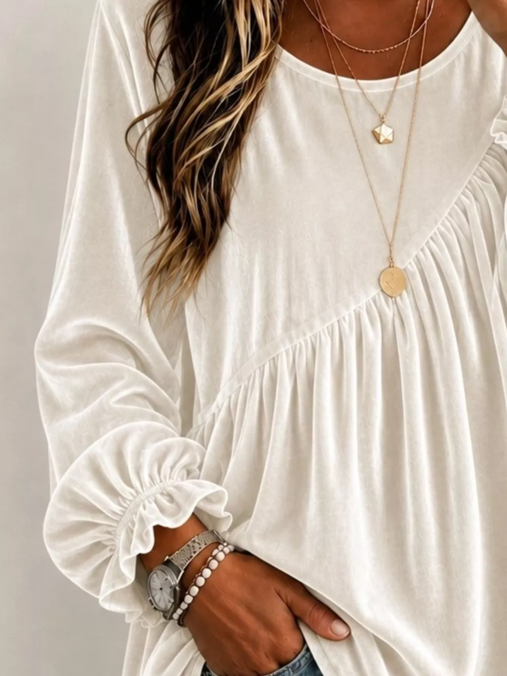 Full Size Velvet Round Neck Long Sleeve Blouse Plus Size, image 6