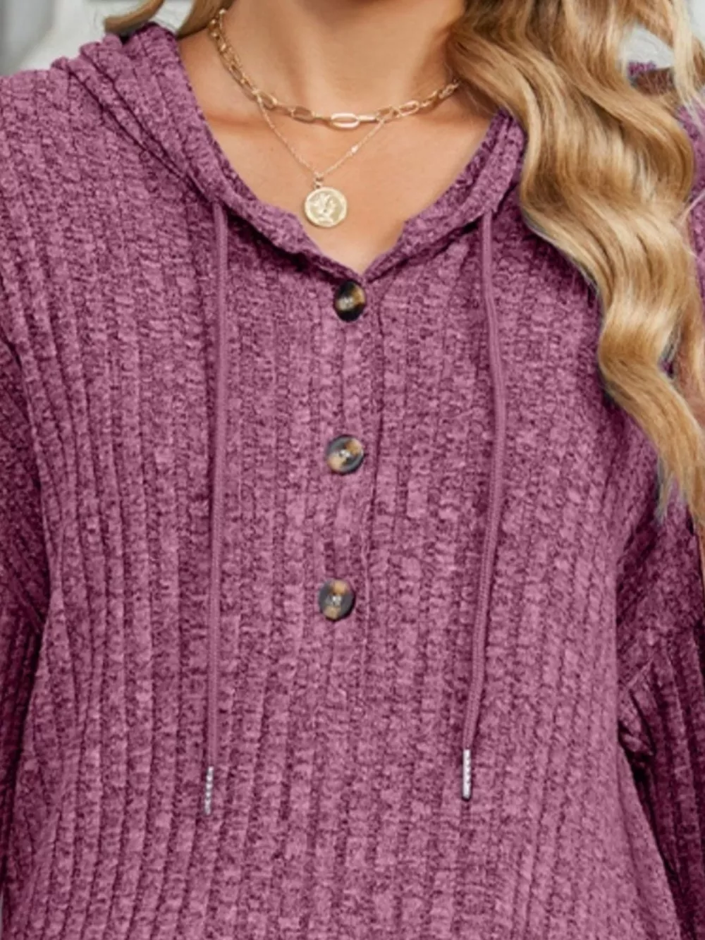 Casual Ribbed Knit Button Detail Hoodie, image 11