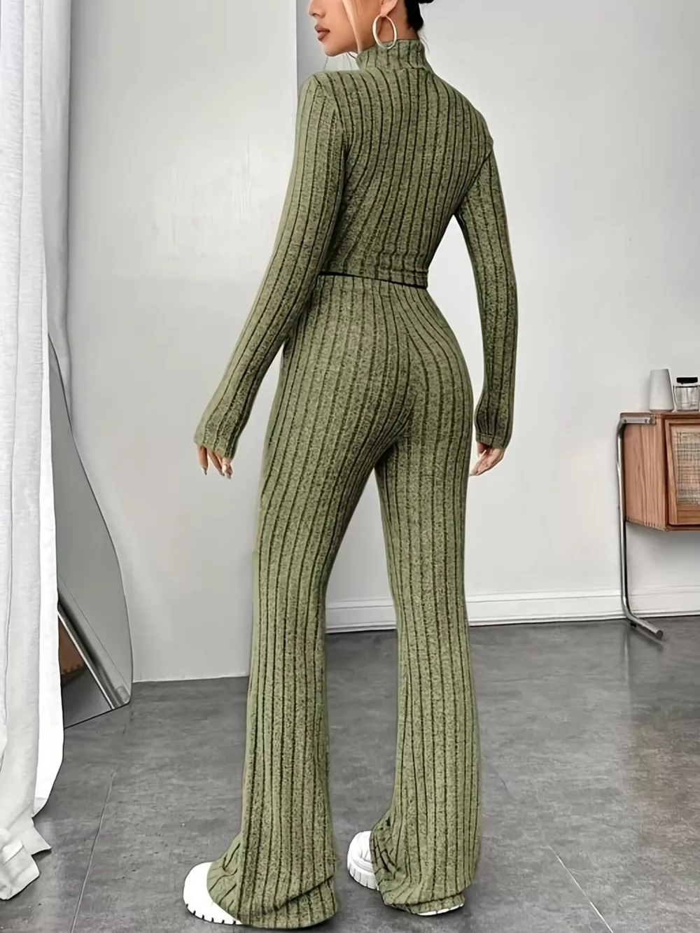 Ribbed Turtleneck Crop Top and Flare Pants Sweater Set, image 3