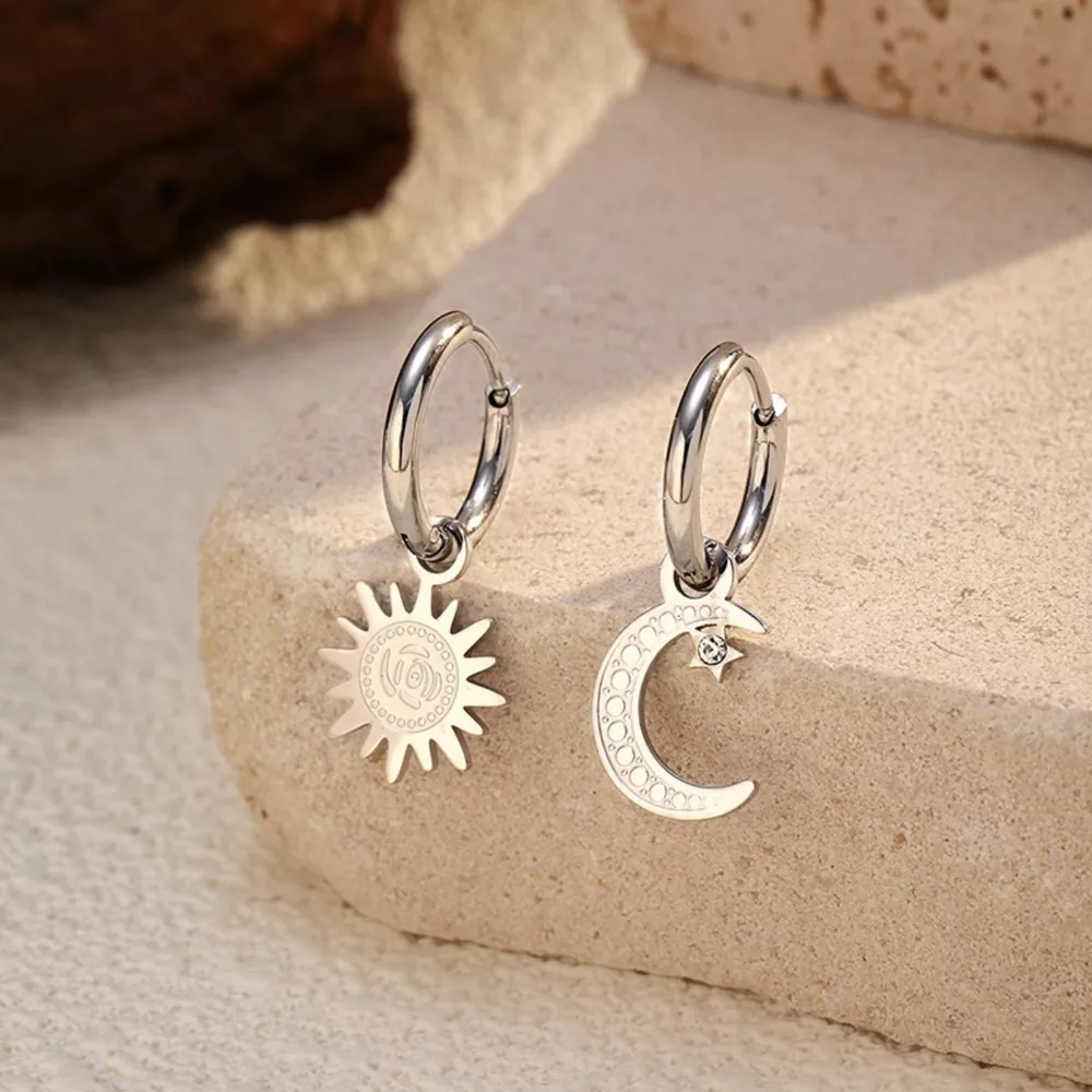 Sun and Moon Dangle Hoop Earrings, image 5