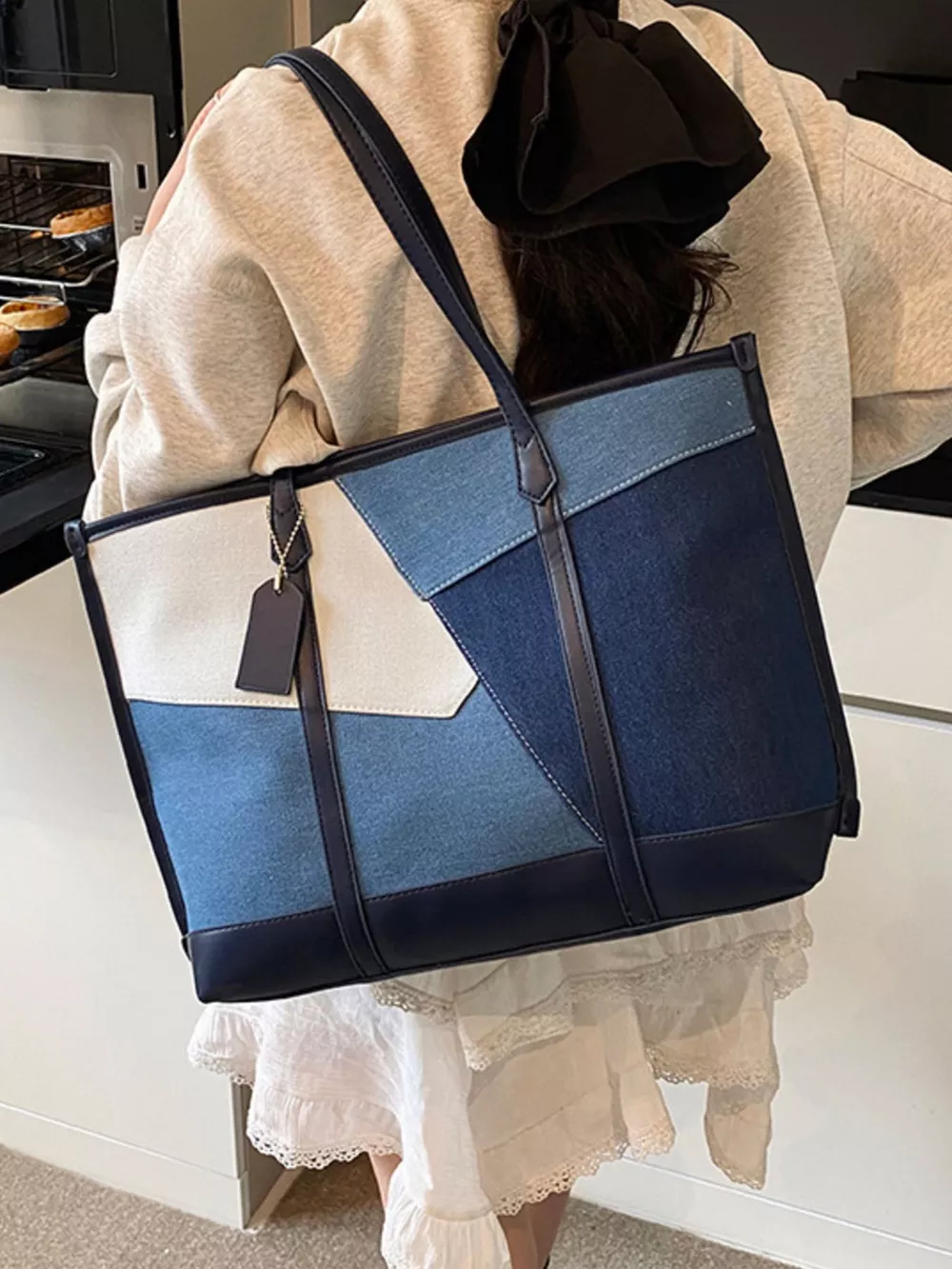 Color Block Denim Shoulder Bag, image 6