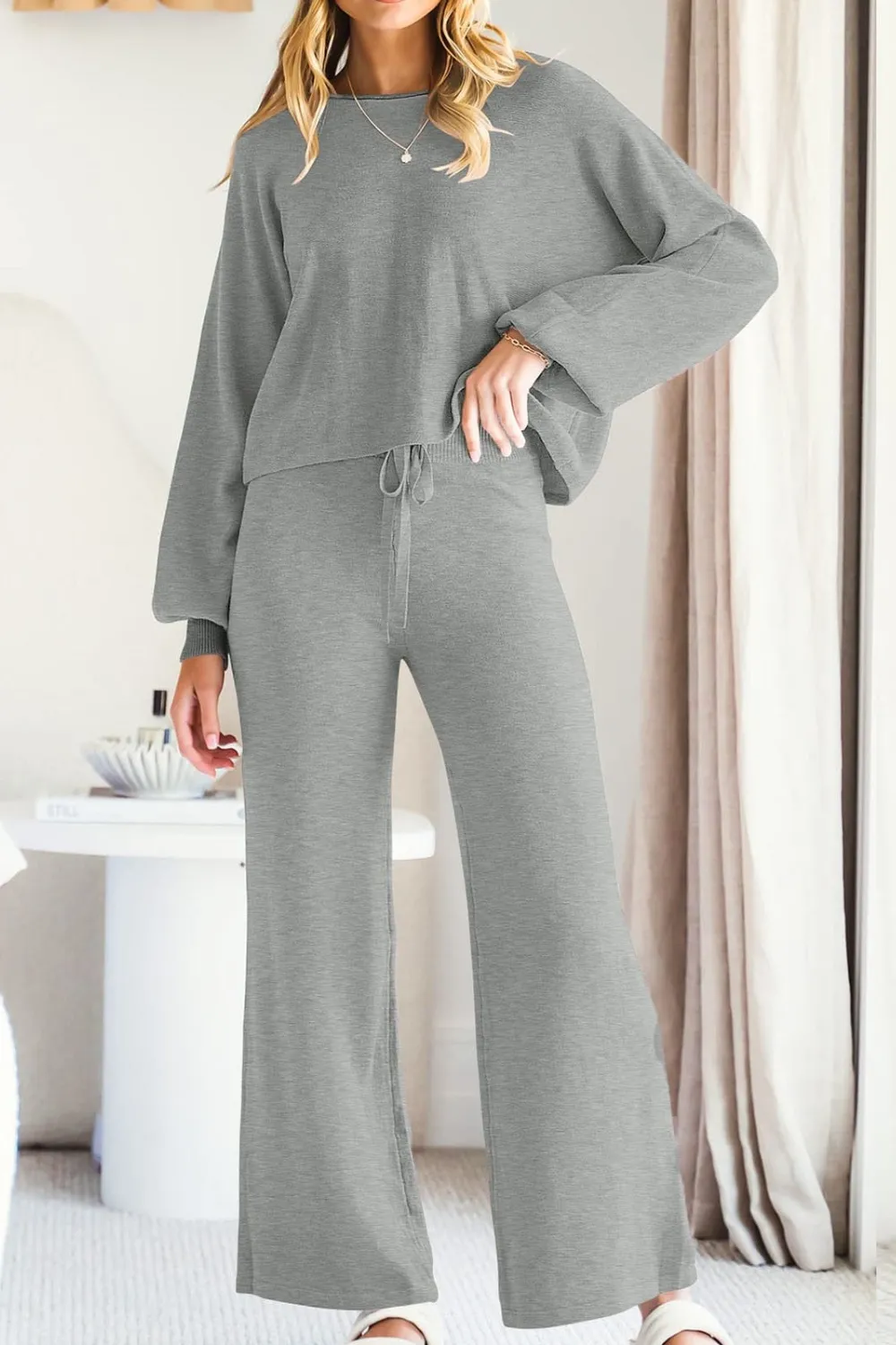 Round Neck Long Sleeve Top and Pants Set, image 12