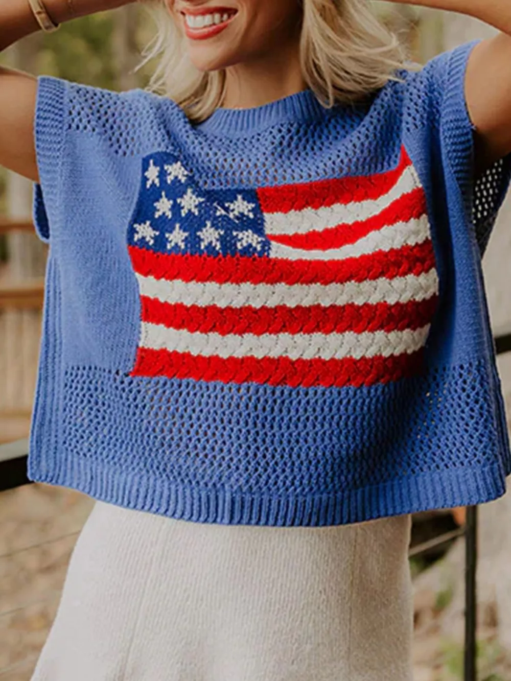 Flag Graphic Short Sleeve Sweater Top, image 5