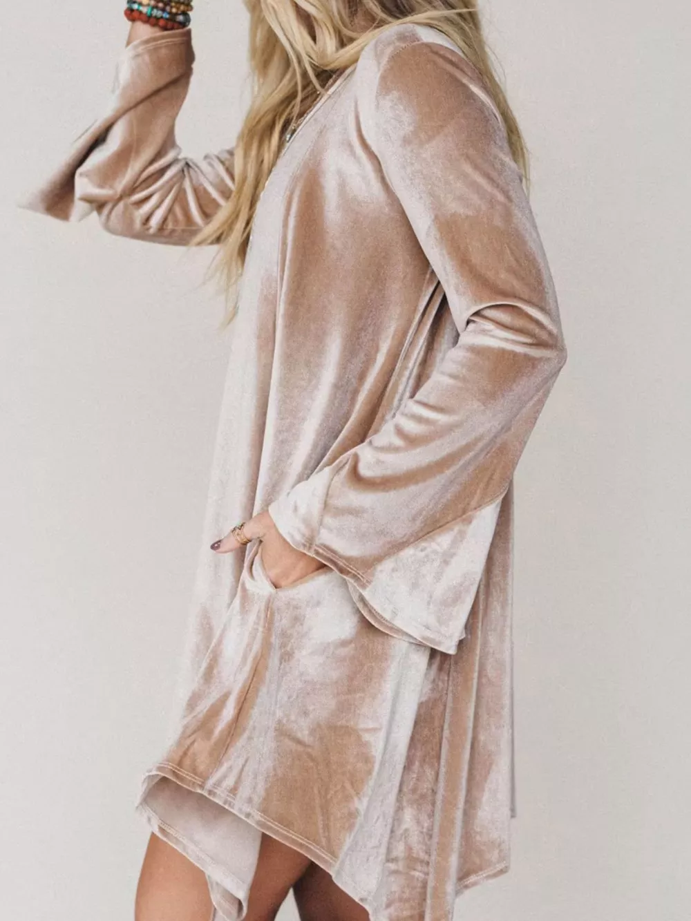 V-Neck Velvet Swing Asymmetrical Dress with Pockets, image 2