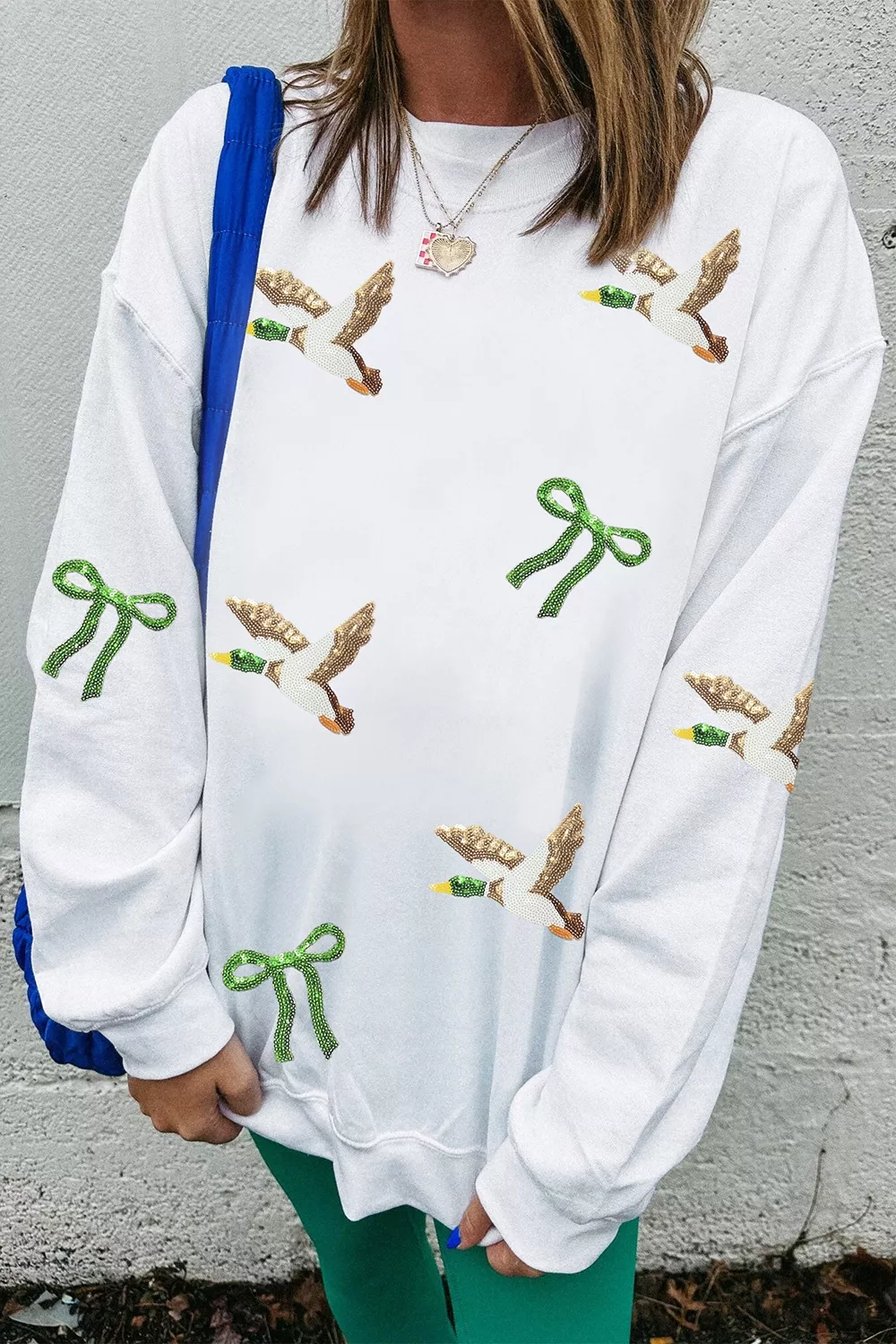 Sequin Mallard Bow Crewneck Pullover Sweatshirt, image 3