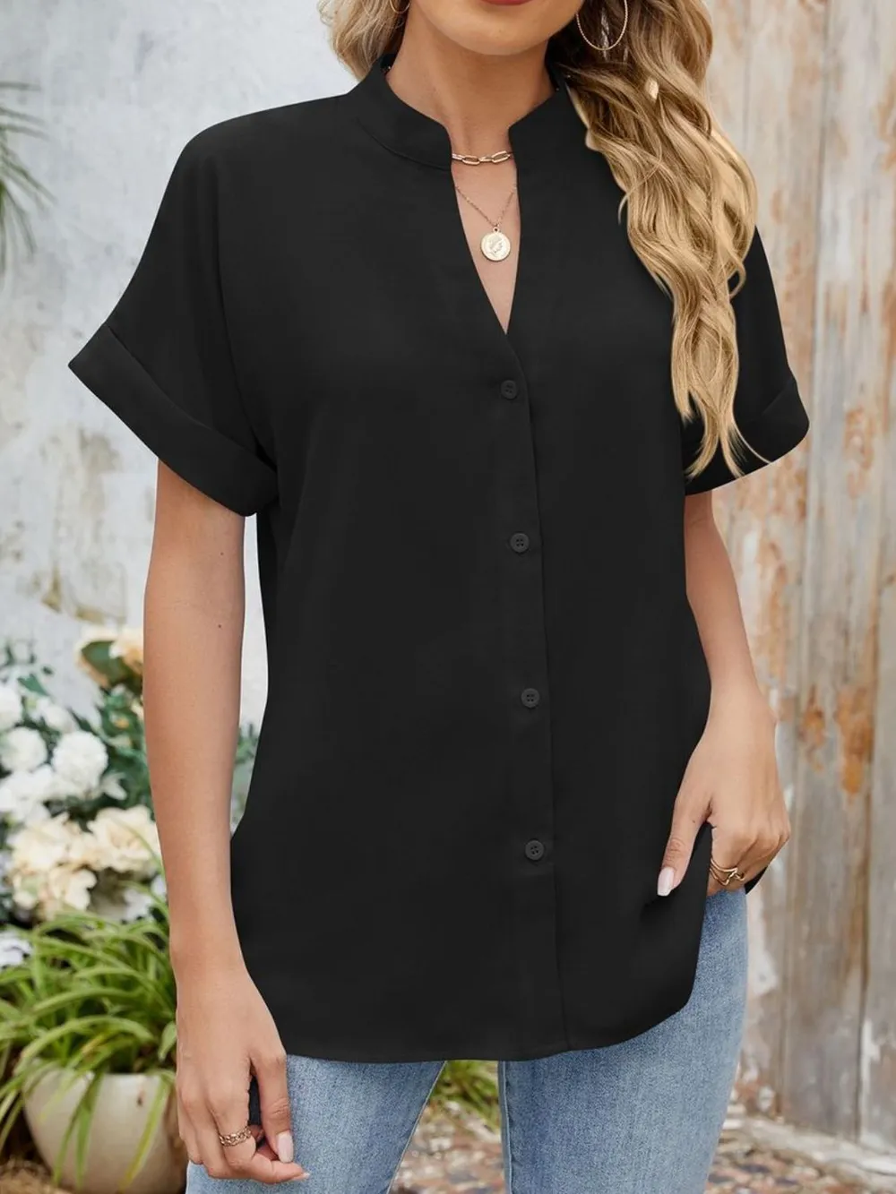 Notched Short Sleeve Blouse, image 15