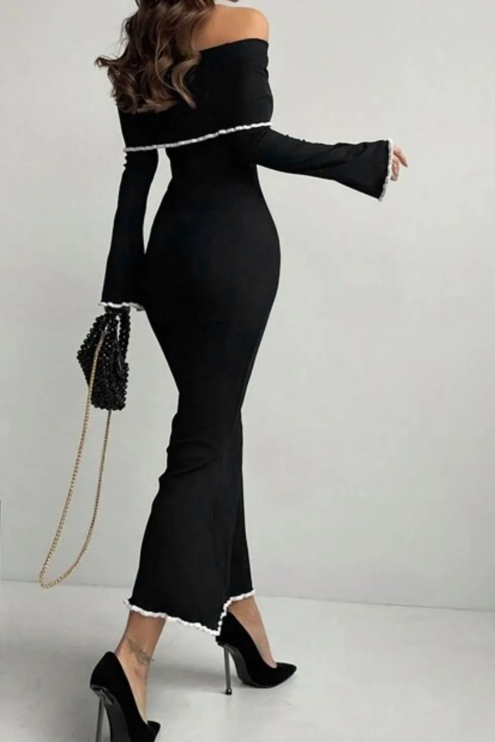 Contrast Trim Off-Shoulder Long Sleeve Maxi Sweater Dress, image 3