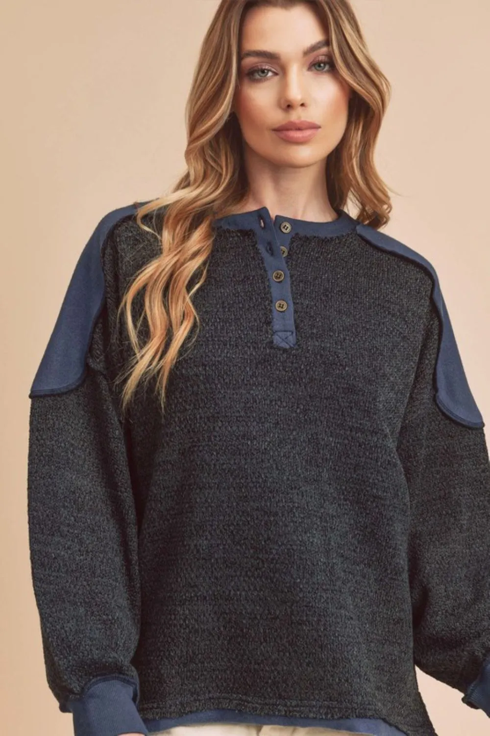 Side Slit Button Detail Contrast Shoulder Sweatshirt