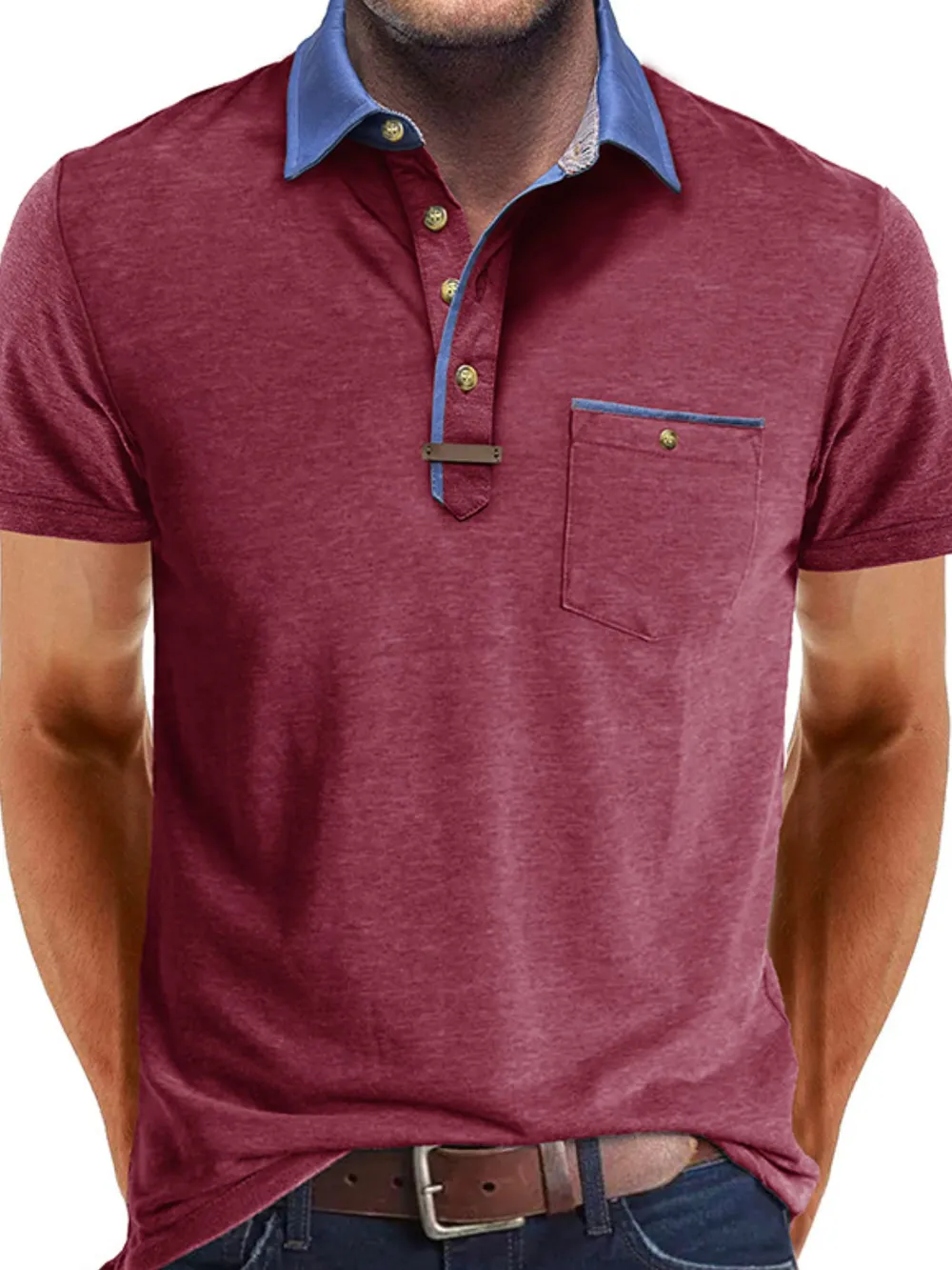 Men's Full Size Contrast Collar Pocket Polo Shirt Plus Size, image 11
