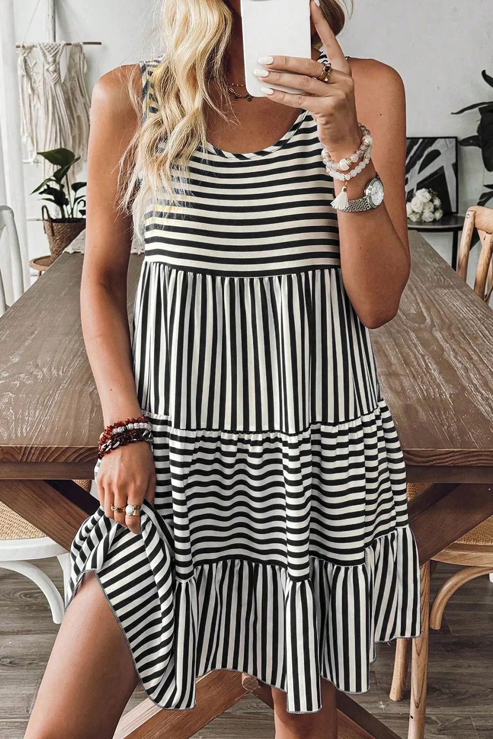 Striped Round Neck Sleeveless Mini Dress, image 3