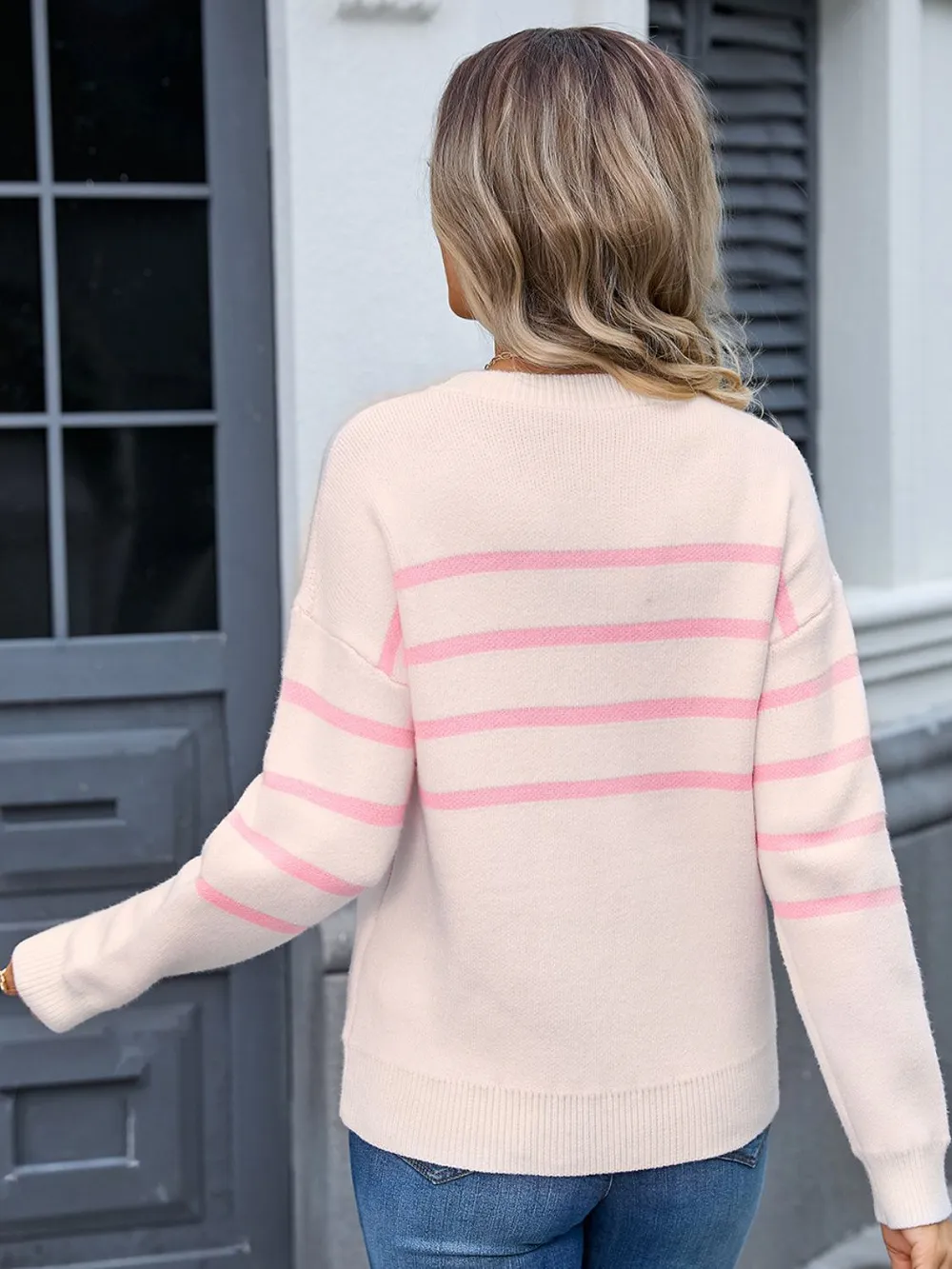 Striped Round Neck Long Sleeve Sweater, image 3