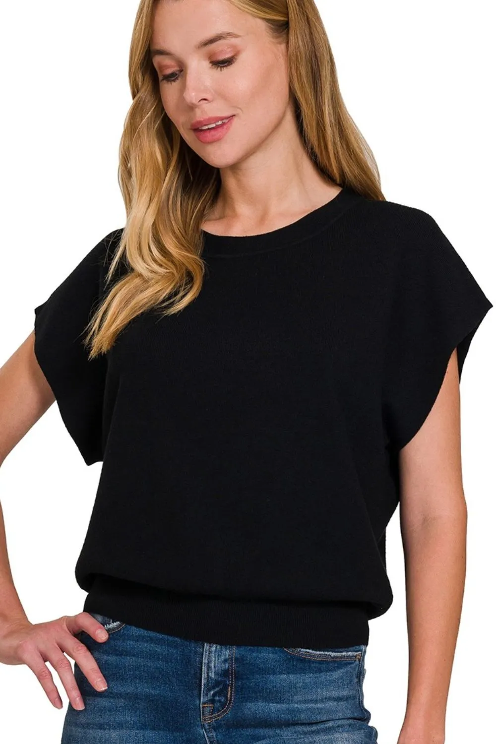 Round Neck Short Dolman Sleeve Sweater
