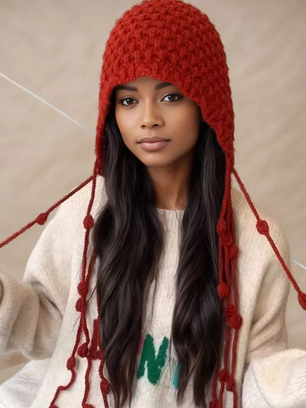 Fringe Knitted Beanie Hat, image 2