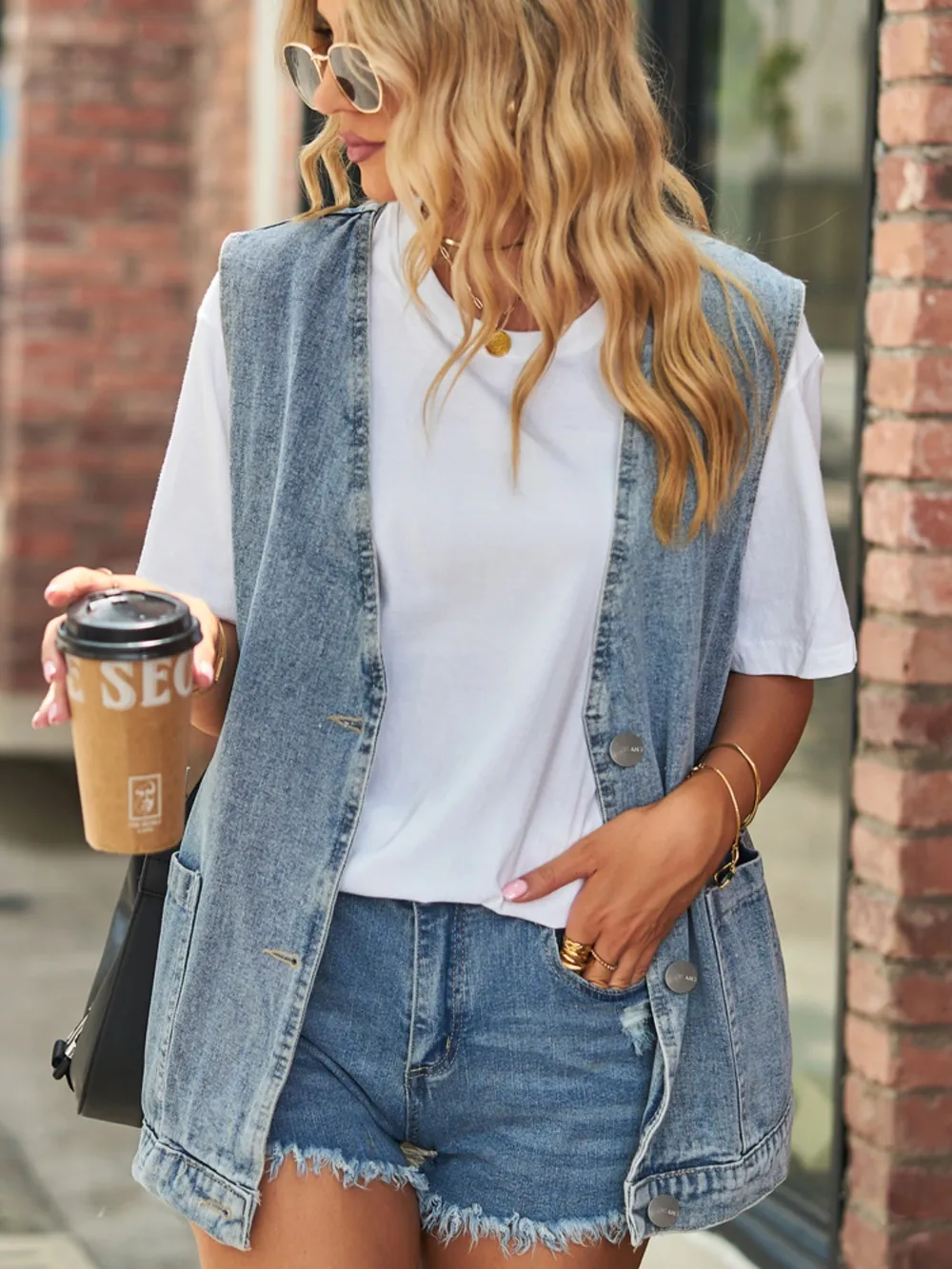 Full Size V-Neck Button Up Denim Vest, image 8