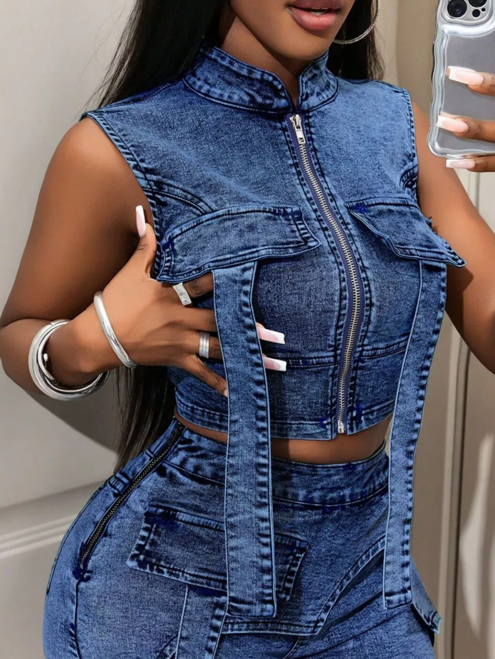 Sleeveless Zip-Up Denim Crop Top, image 3