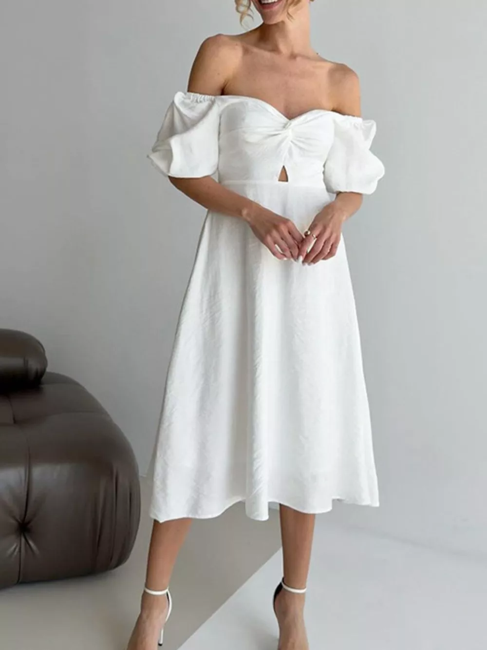 Twisted Front Puff Sleeve Midi Dress