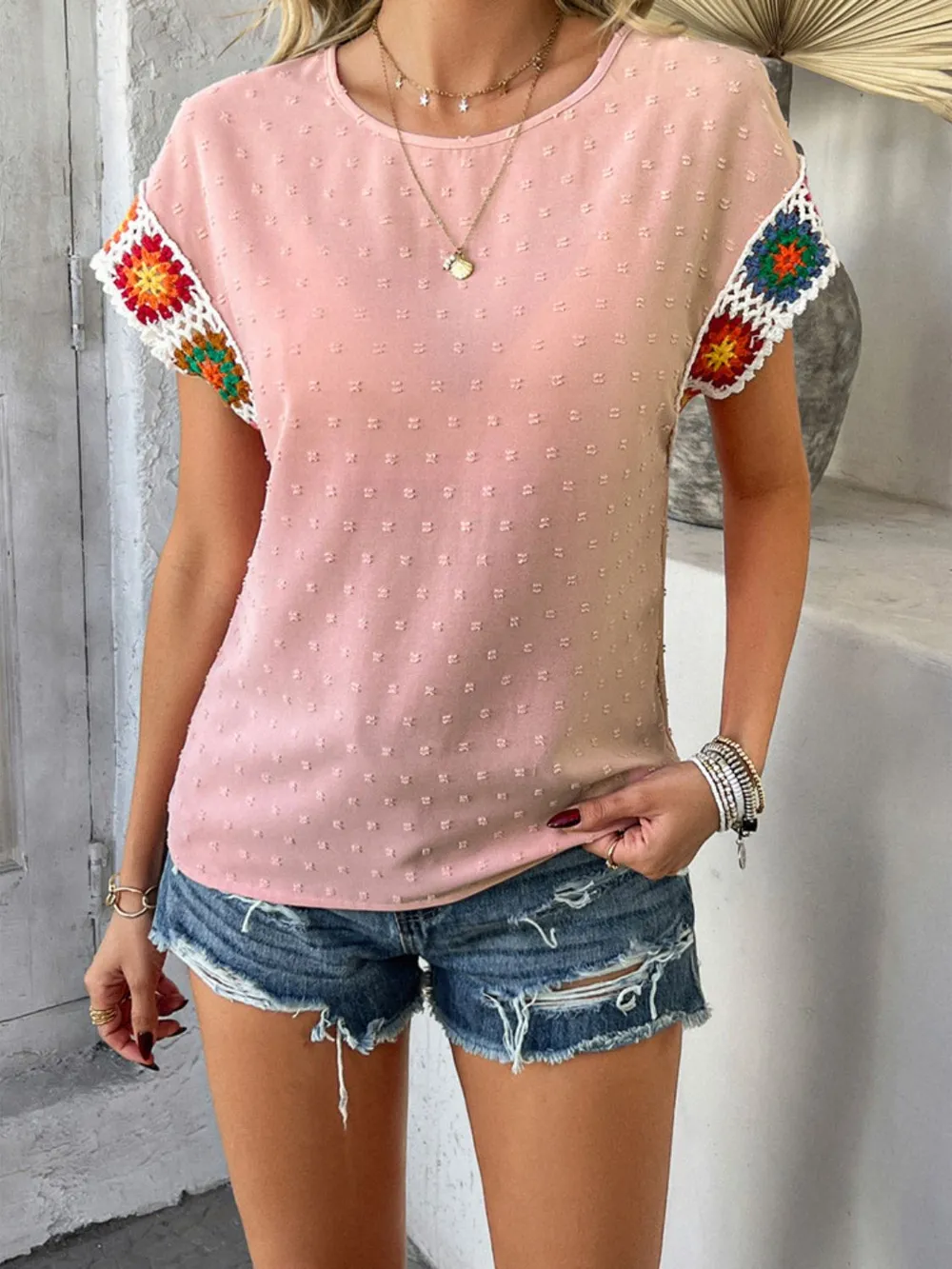 Swiss Dot Round Neck Crochet Short Sleeve Top, image 8