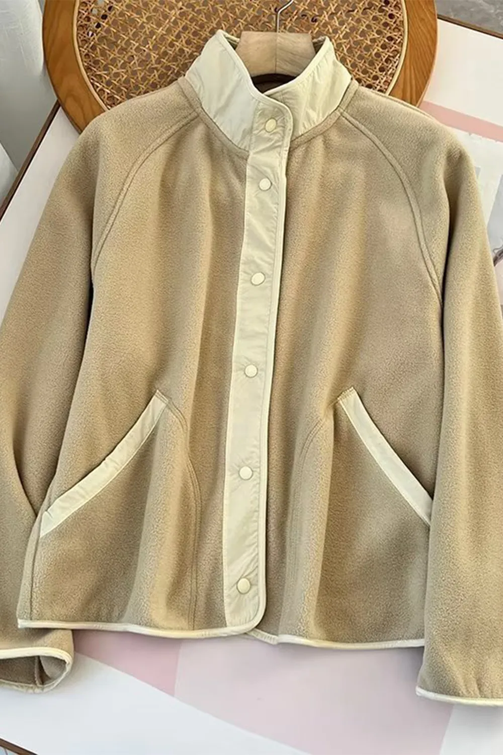 Snap Down Contrast Fleece Jacket with Pockets, image 4