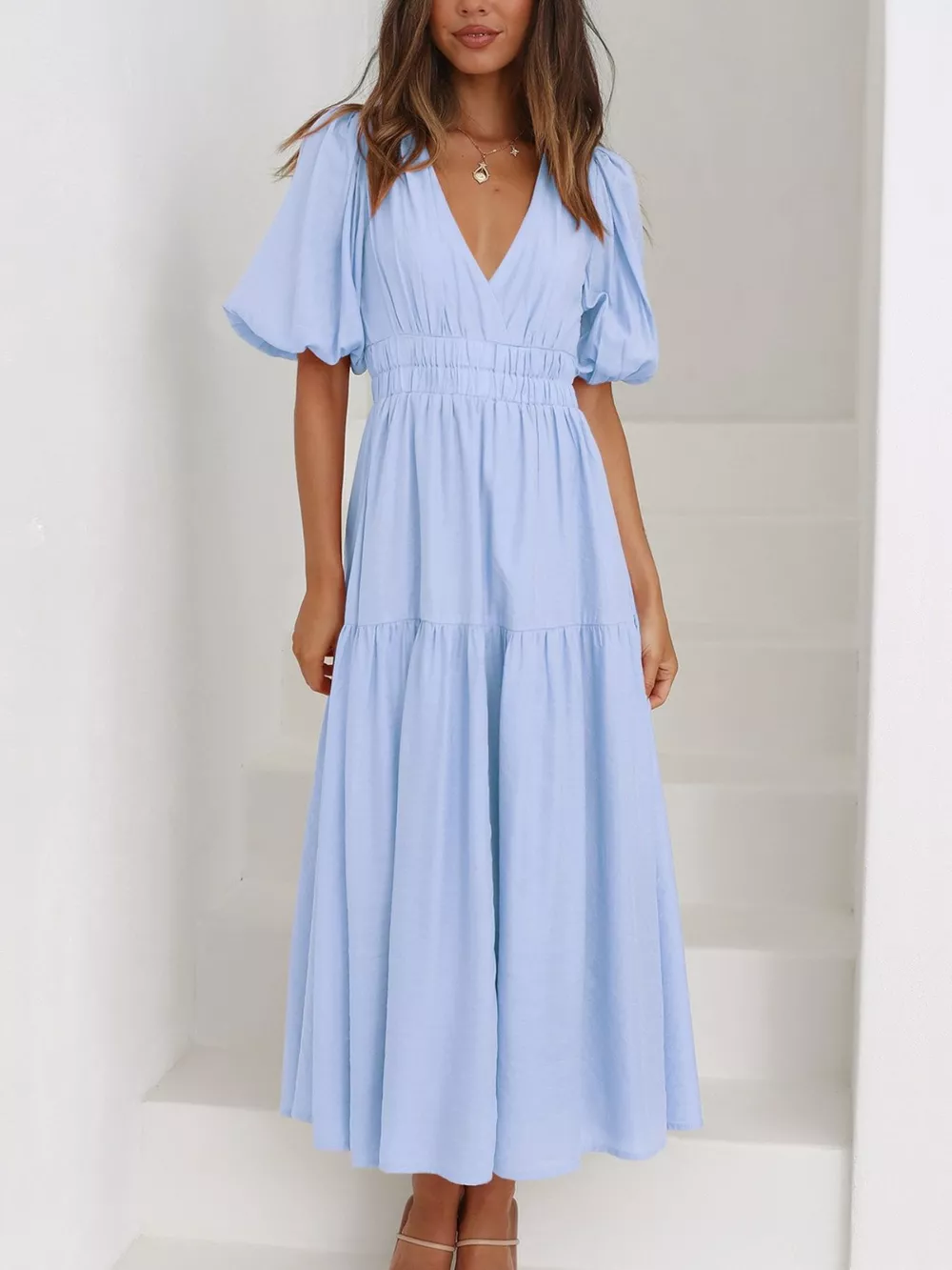 V-Neck Puff Sleeve Midi Dress, image 8