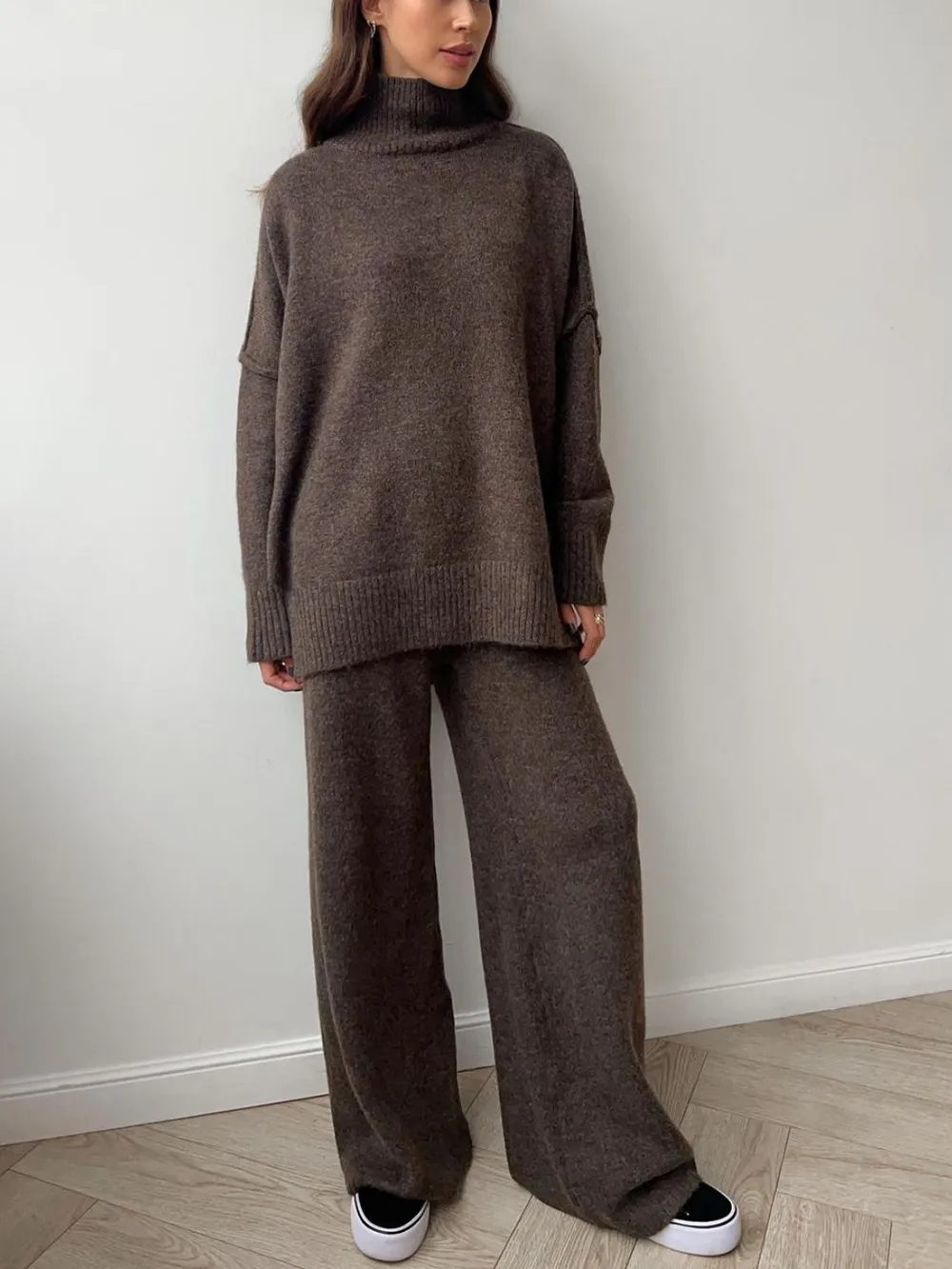 Slit Turtleneck Long Sleeve Top and Pants Sweater Set, image 10
