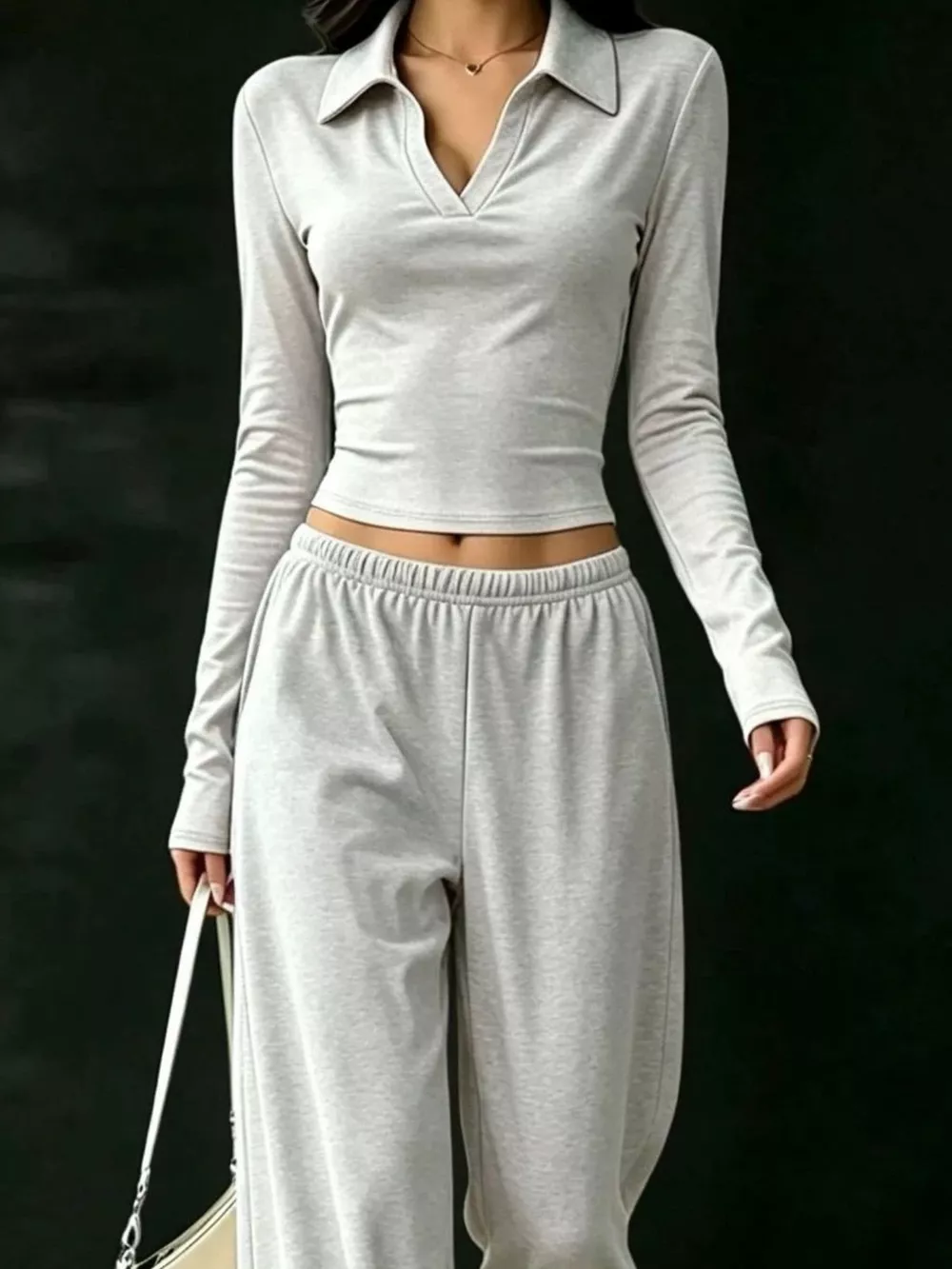 Long-Sleeve Polo Top and Wide-Leg Pants Set, image 10