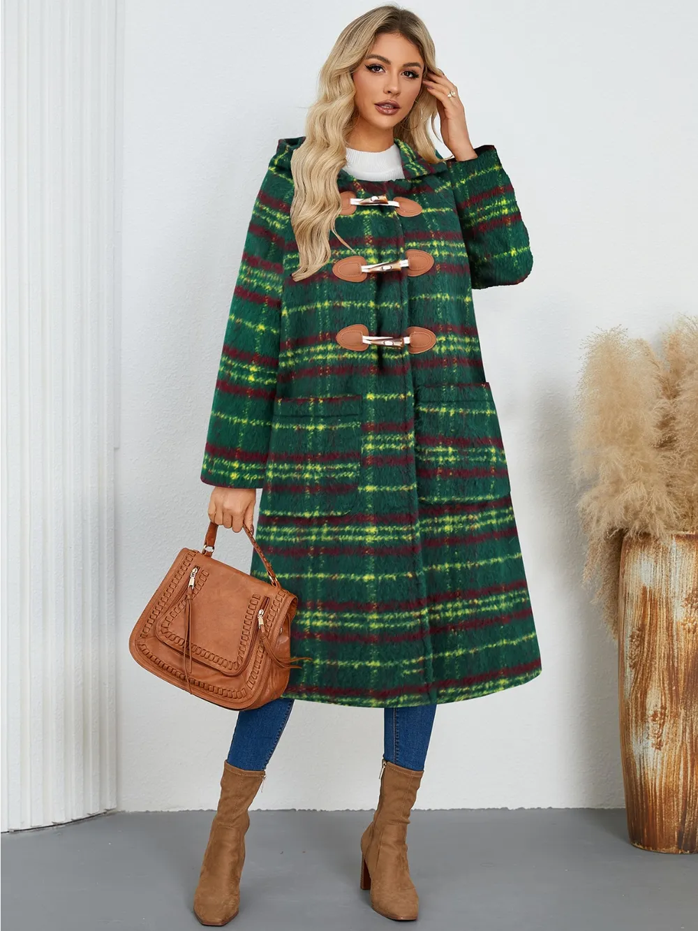 Plaid Long Sleeve Hooded Coat with Pockets, image 6