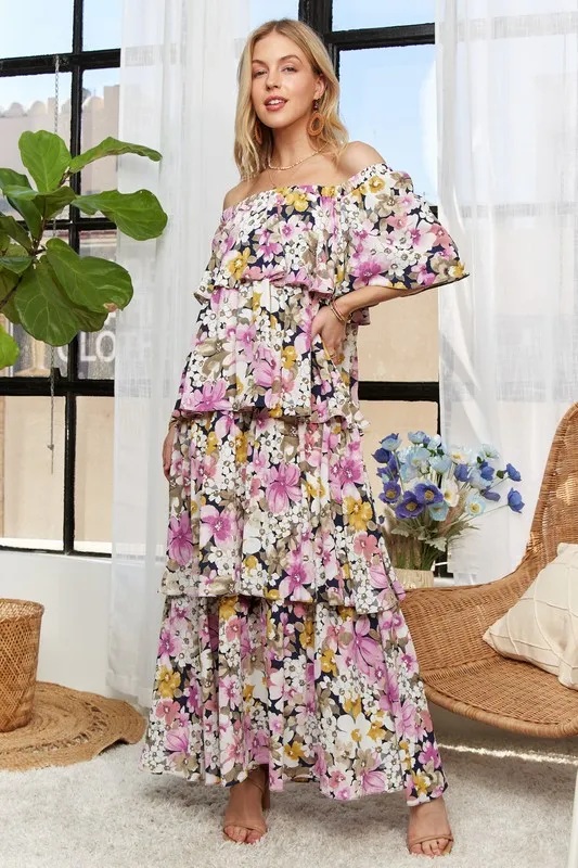 Layered Floral Off-Shoulder Short Sleeve Maxi Dress, image 9