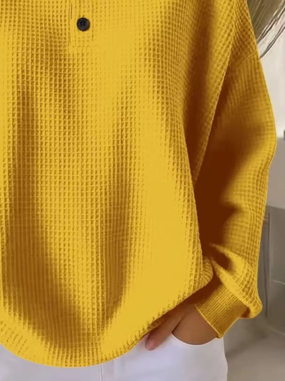 Full Size Casual Waffle Knit Button Detail Pullover Plus Size, image 4