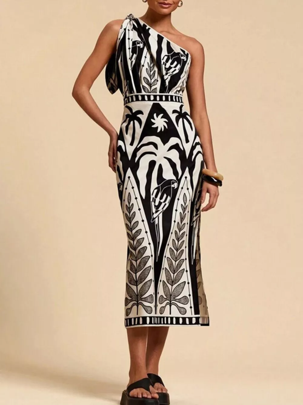 One-Shoulder Tropical Print Midi Dress, image 3