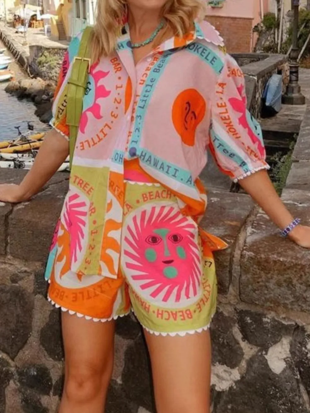 Printed Button Up Shirt and Shorts Set, image 4