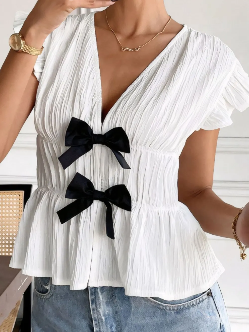 Bow V-Neck Cap Sleeve Blouse, image 5