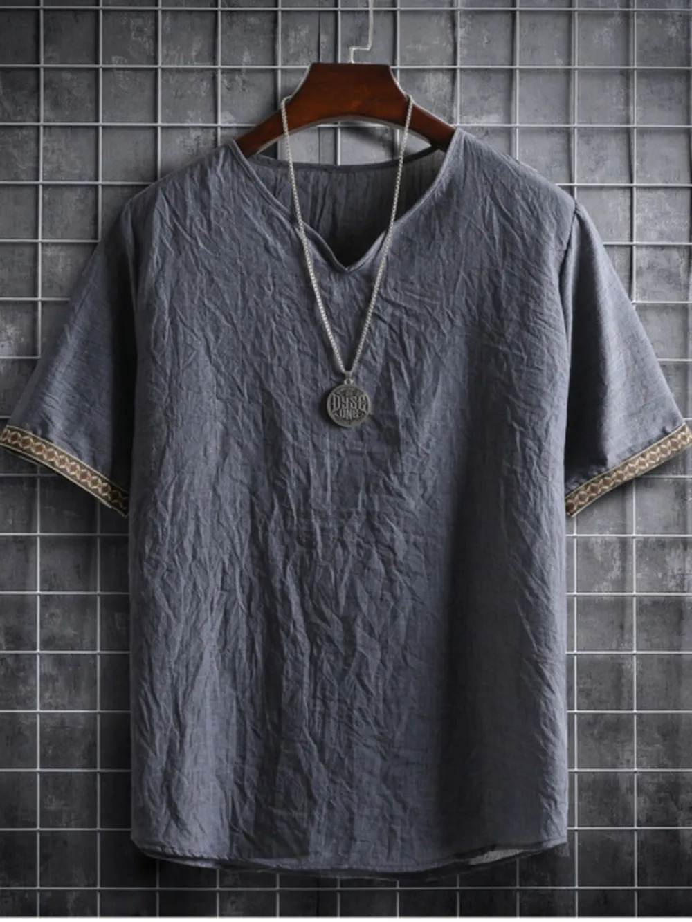 Men's Plus Size Texture Short Sleeve Top with Ethnic Trim, image 5