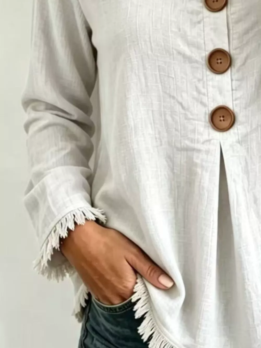 Full Size Frayed Hem Long Sleeve Blouse Plus Size, image 6