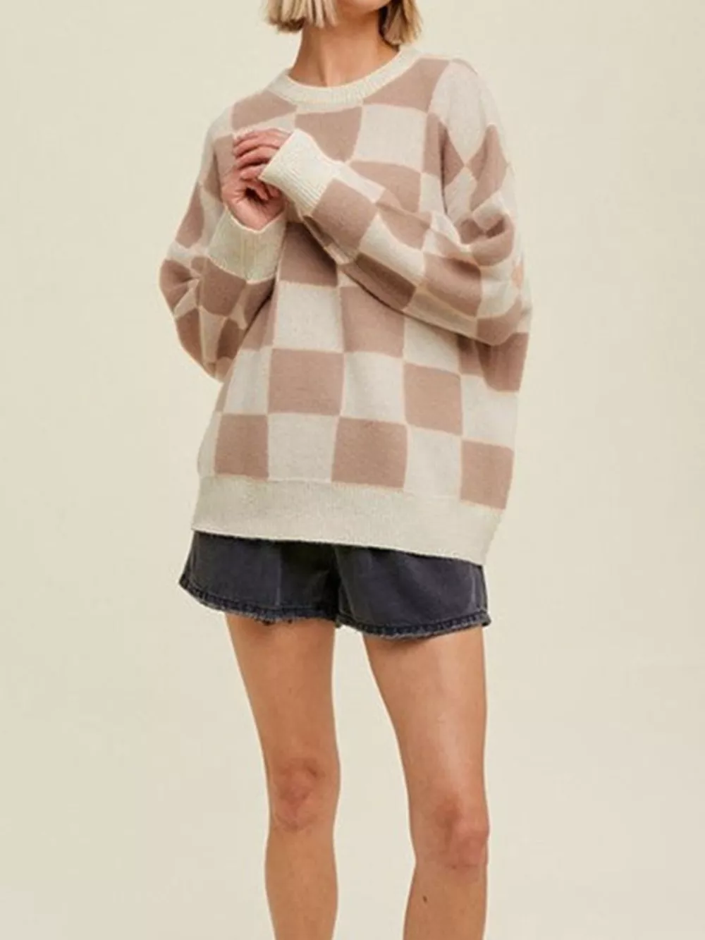 Checkered Pattern Ribbed Trim Knit Baggy Sweater, image 4