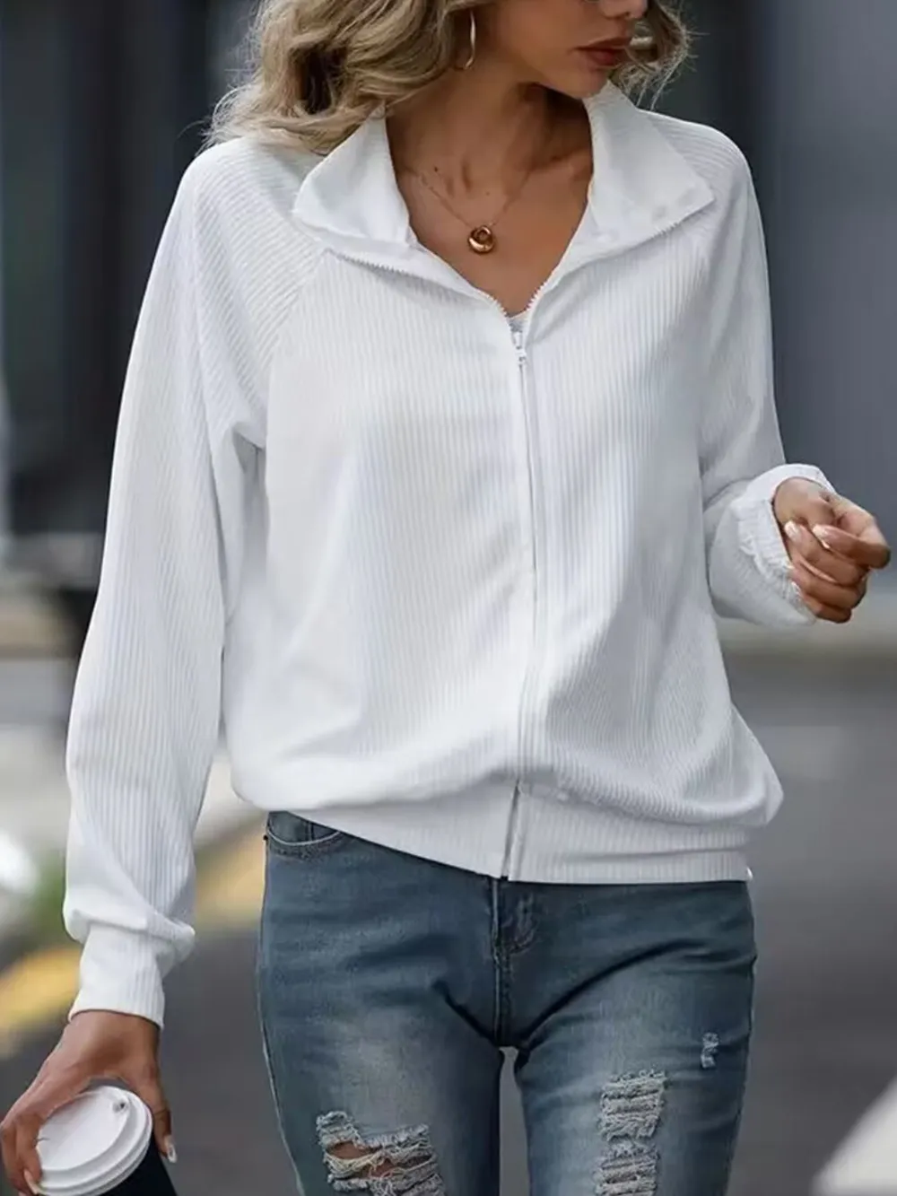 Zip Up Collared Neck Raglan Sleeve Jacket, image 2