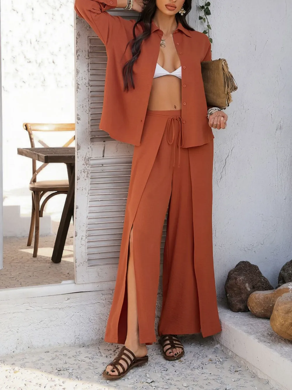 Button Down Long Sleeve Top and Wide Leg Pants Set, image 7