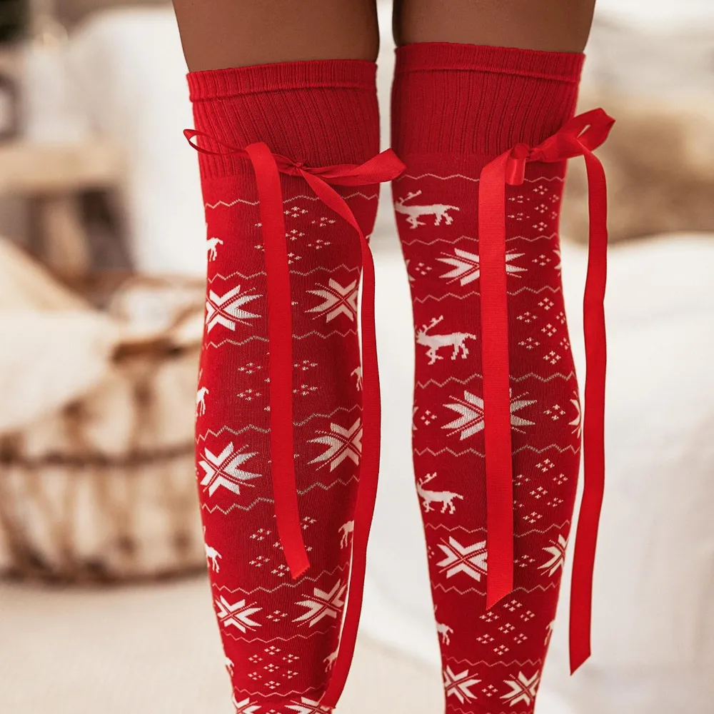 Christmas Element Bowknot Ribbed Trim Over Knee Stockings, image 4