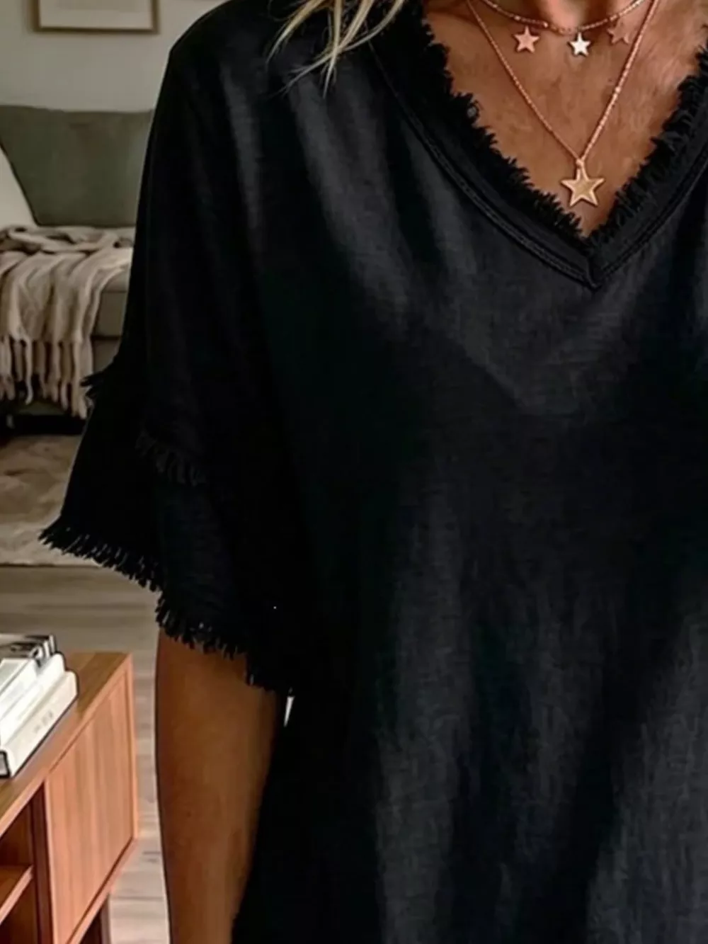 Full Size Frayed Edge V-Neck Blouse Plus Size, image 4